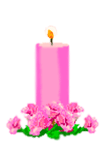 A pink candle with a flame and flowers

AI-generated content may be incorrect.